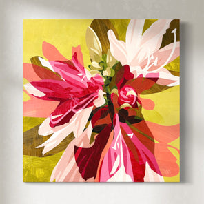 A piece of abstract floral art featuring predominantly pink and yellow tones with a variety of plant-like shapes.
