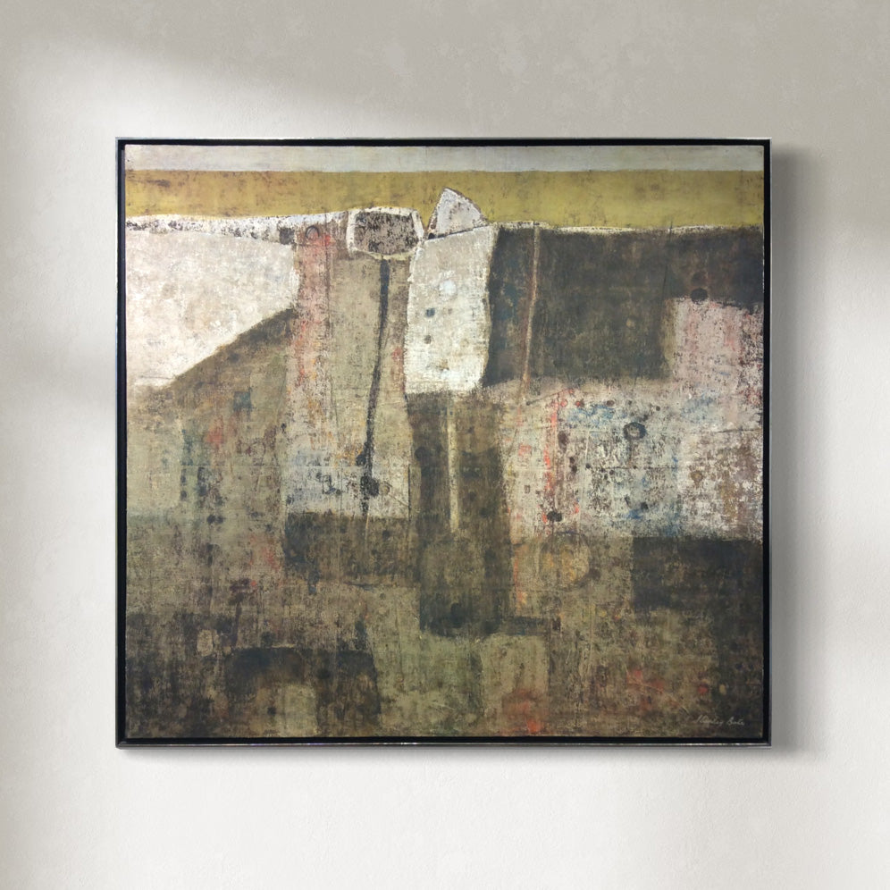 An abstract artwork featuring various colors including black, brown, gray, and yellow, with a modern geometric design, framed in a black frame.