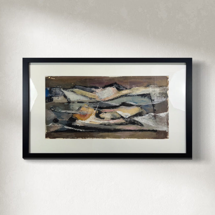 Framed abstract painting displayed on a wall, featuring warm colors with a sunset-like quality.