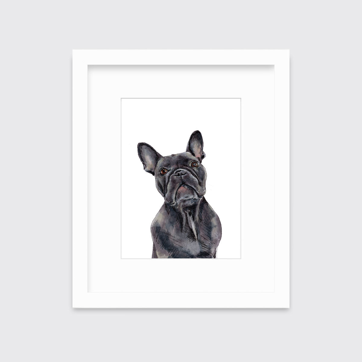 An illustration of a French bulldog framed in a white frame hangs on a white wall.