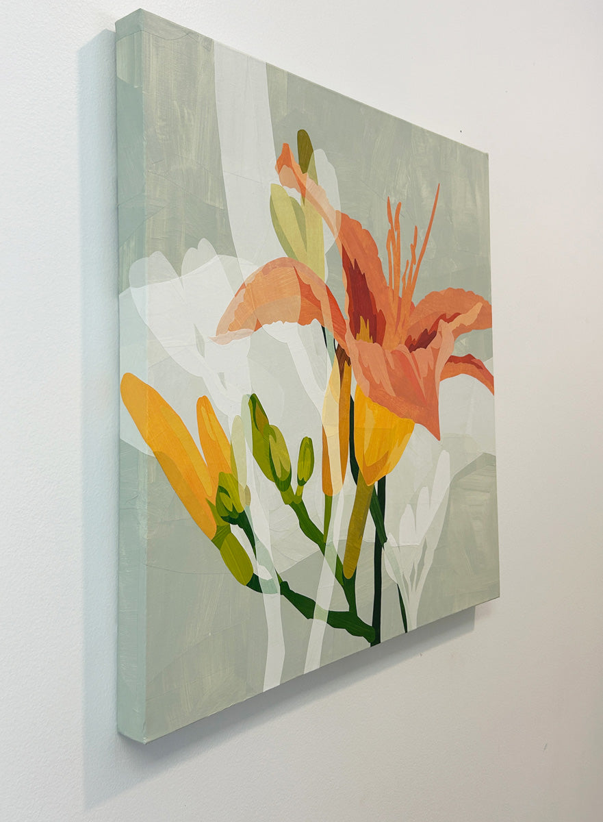 Original artwork featuring abstract floral elements in orange, yellow, and green on a grey background presented on canvas hanging on a wall, side view.