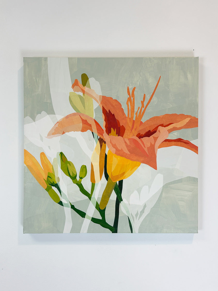 Original artwork featuring abstract floral elements in orange, yellow, and green on a grey background presented on canvas hanging on a wall.