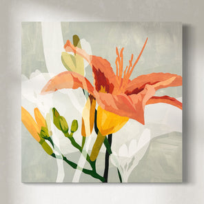 Original artwork featuring abstract floral elements in orange, yellow, and green on a grey background presented on canvas hanging on a wall.
