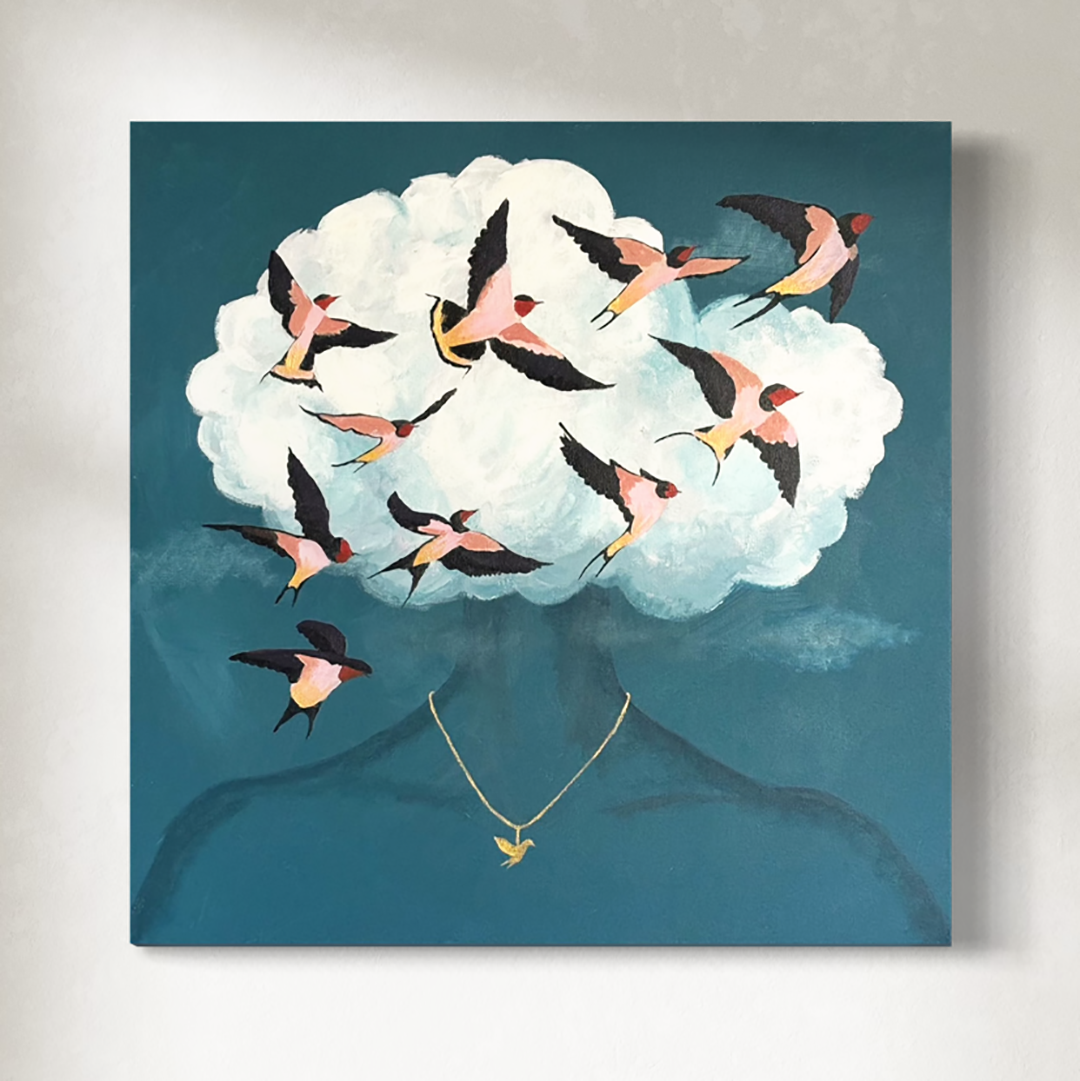 An original painting of an artistic depiction of a person with a cloud of birds above their head on a blue background