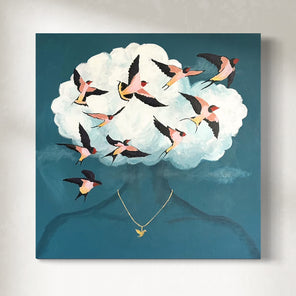 An original painting of an artistic depiction of a person with a cloud of birds above their head on a blue background