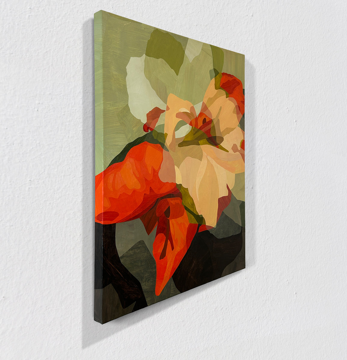 Abstract floral painting with red, orange, and beige flowers on a light gray background hanging on a white wall, side view.