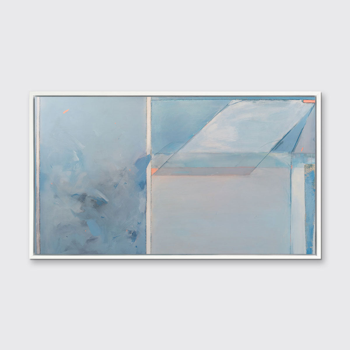 A blue, grey, and pink abstract art print by Kelly Rossetti framed in a white floater frame hangs on a white wall.