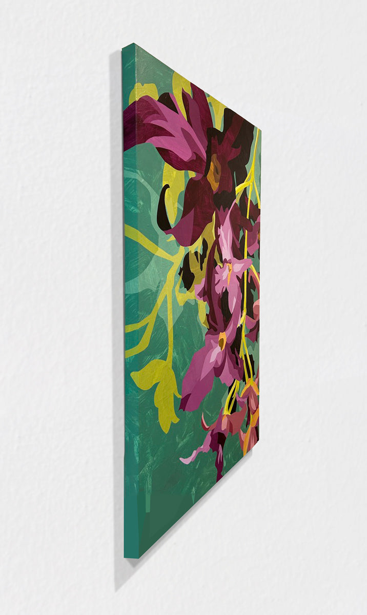 Floral painting with purple flowers on a teal background hanging on a white wall, side view.