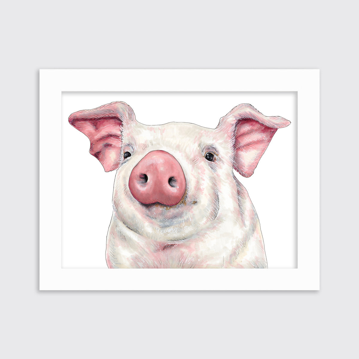 An illustration of a pig framed in a white frame hangs on a light grey wall.