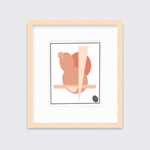 A pink and grey abstract art print framed in a neutral wood frame hangs on light wall. 