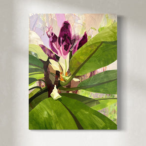 Original artwork featuring abstract floral elements with predominantly green and purple colors on a canvas.