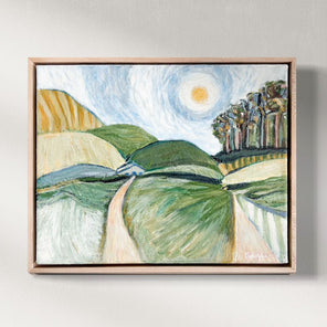 Framed painting of a landscape with green hills and a sun.