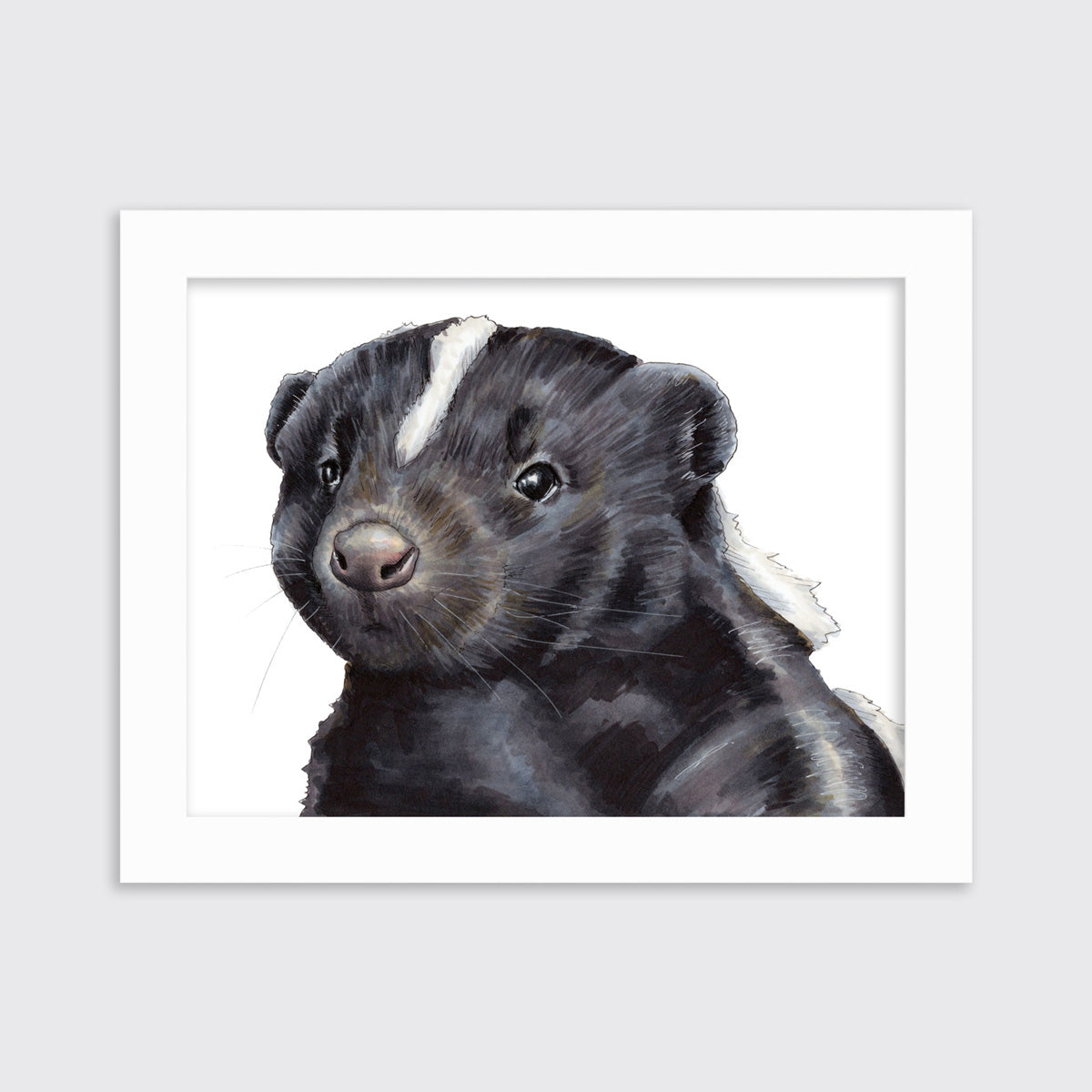 An illustration of a skunk framed in a white frame on a grey wall.