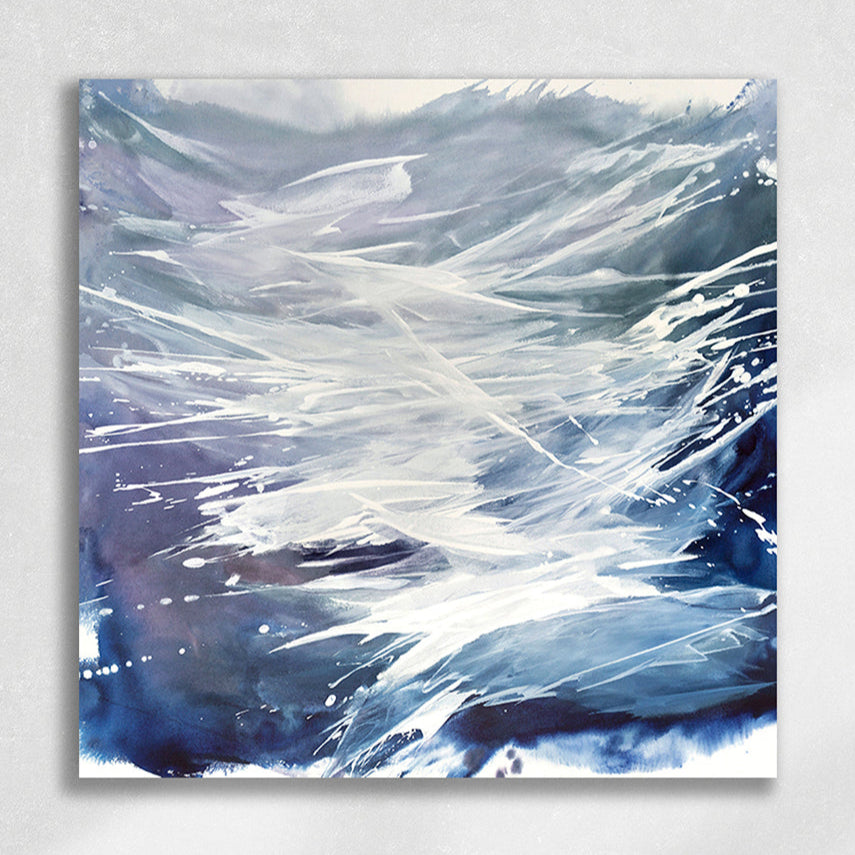 A square-shaped original artwork featuring abstract blue and white colors with a dynamic wave form, signed by Teodora Guererra.
