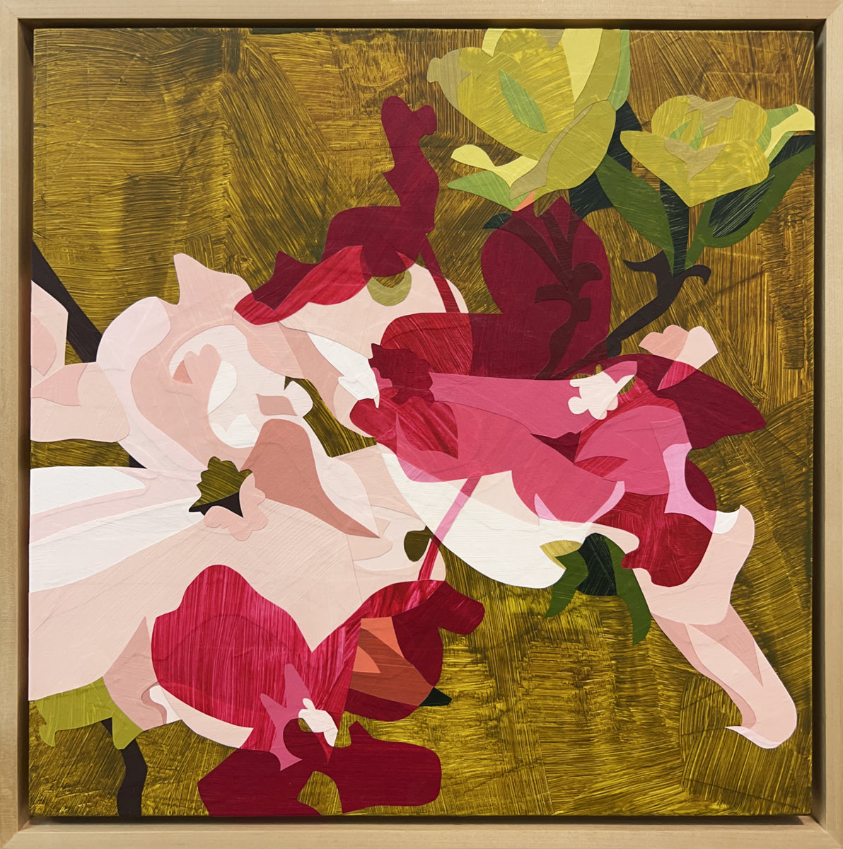 Abstract artwork with floral patterns in red, pink, and green on a textured gold background in a floater frame.
