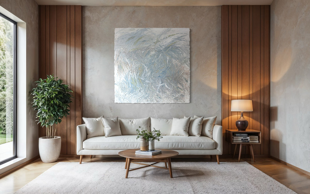 Modern living room with a gray sofa, and an original abstract painting with thick texture by artist Teodora 'Teo' Guererra hanging on a wall above a cream sofa and decorative items.