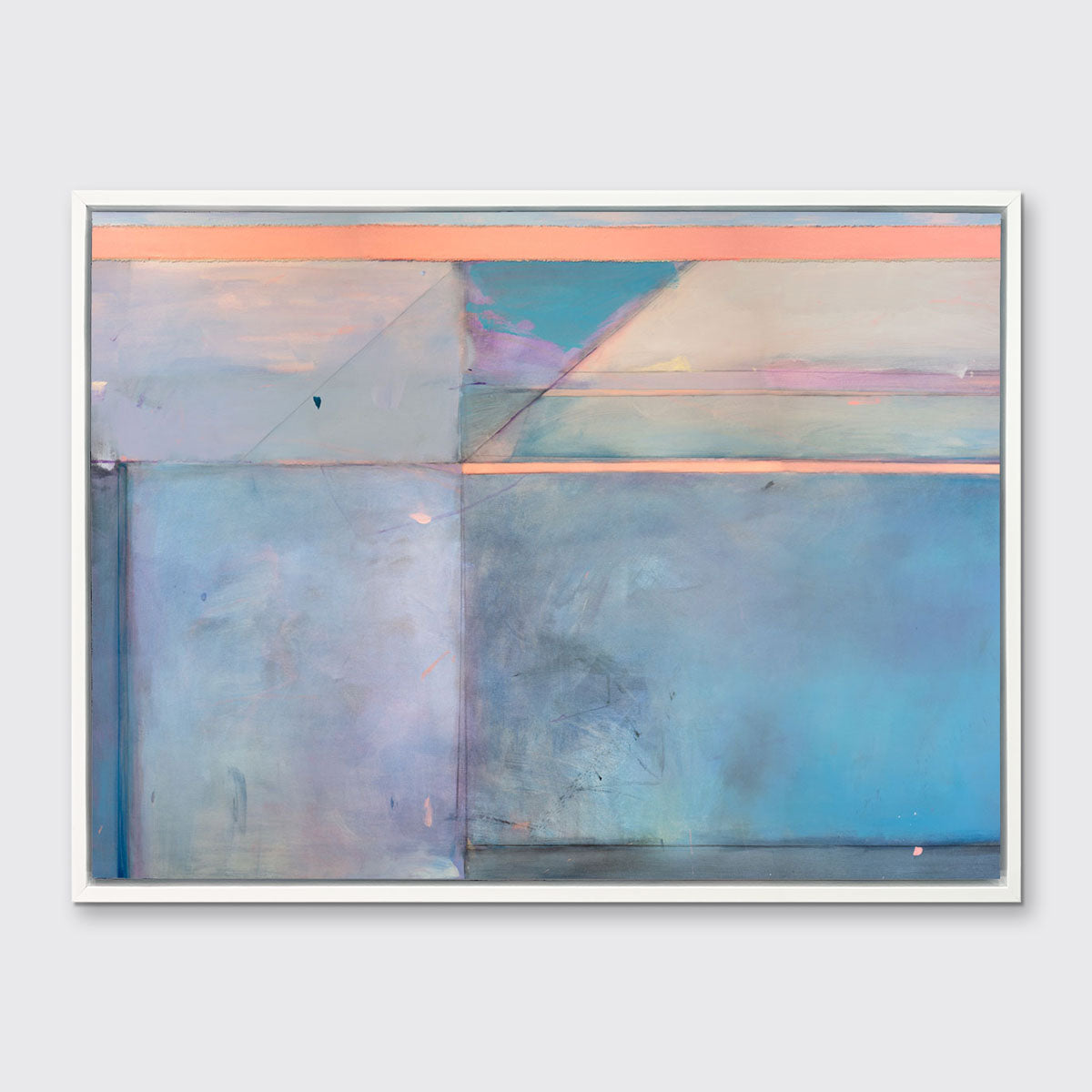 A pink and blue abstract print by Kelly Rossetti framed in a white floater frame hangs on a white wall.
