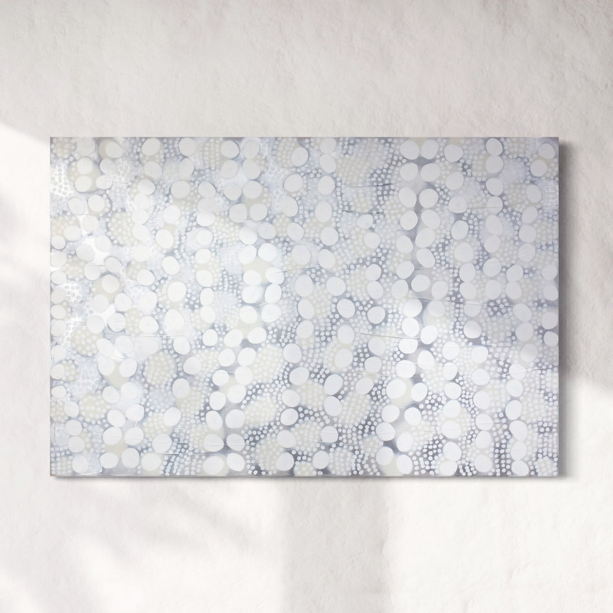 Original abstract painting with white and gray patterns on a white background