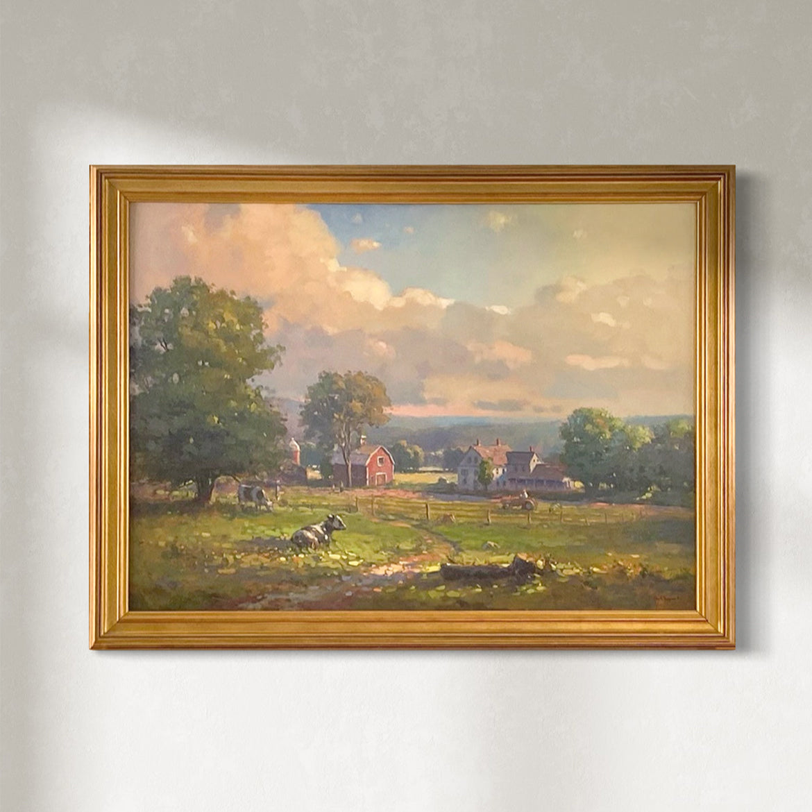 An original oil on canvas painting depicting a rural landscape with a farmhouse, trees, and livestock, framed in a golden frame.