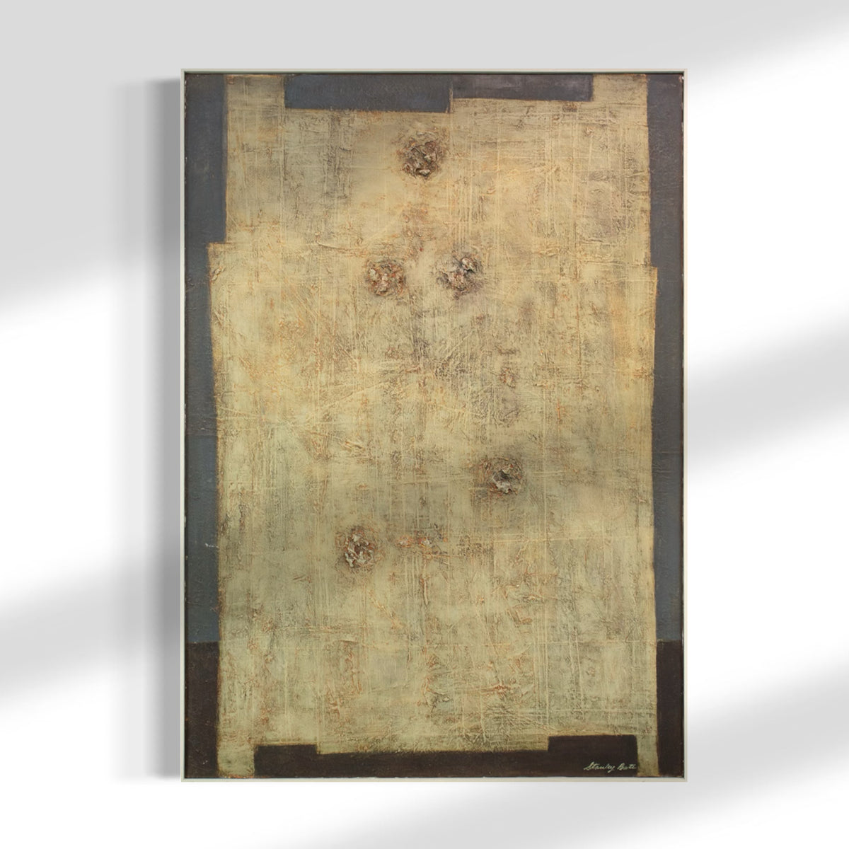 A grey and warm yellow beige original modern abstract painting by Stanley Bate.