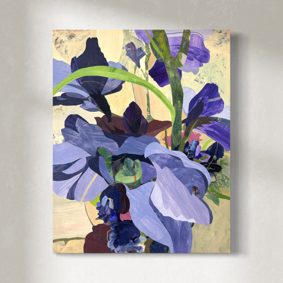 Original artwork featuring abstract floral elements in purple and blue tones on a beige background.