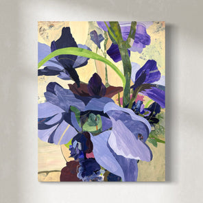 Original artwork featuring abstract floral elements in purple and blue tones on a beige background.