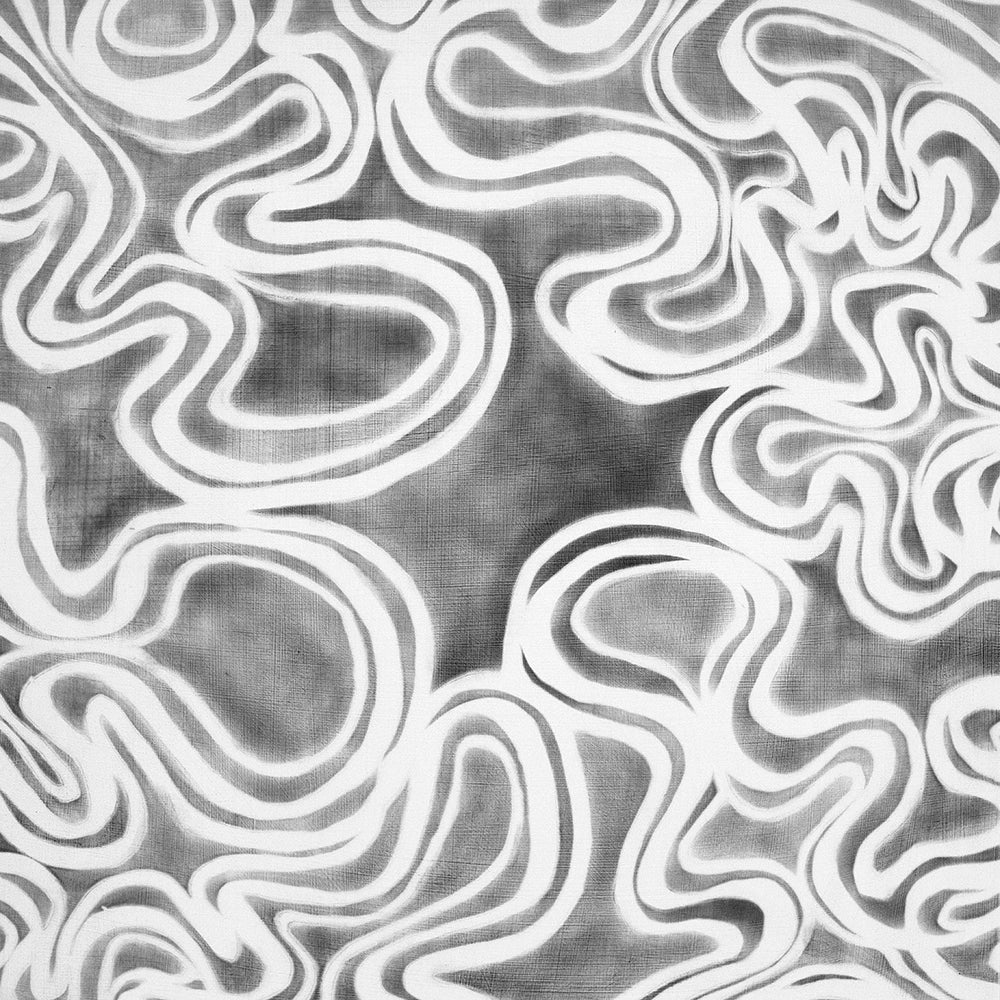 A grey and white abstract print by Roger Mudre.
