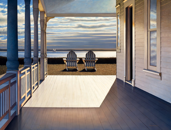 A contemporary realist painting of the ocean view from a homes porch. Just off the porch in the grass are two lawn chairs looking out the ocean where you can see one lone sailboat out. The setting sun cast a stream of light on to the porch floor being sharply cut off by the house itself.