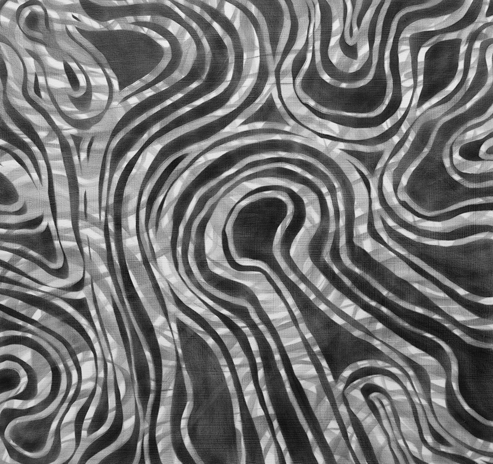 A dark grey and white abstract print by Roger Mudre.