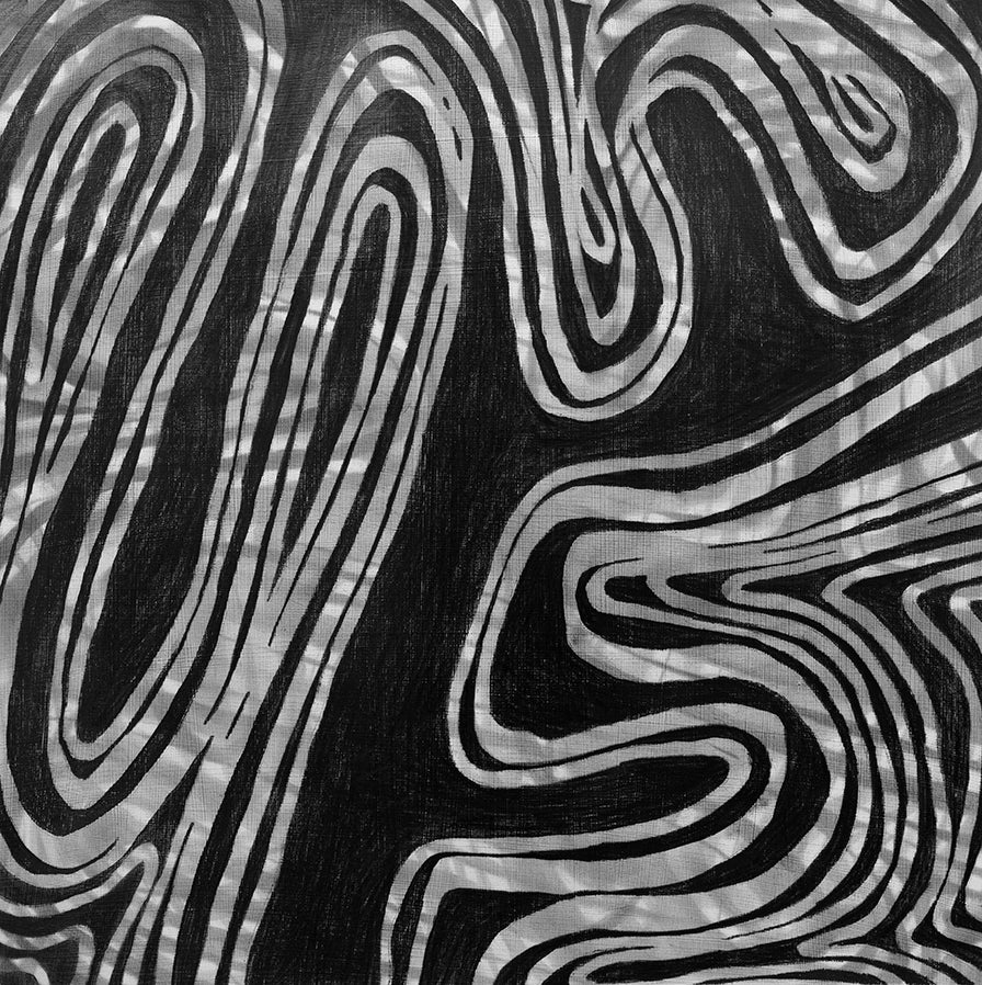 A black, grey and white abstract print by Roger Mudre.