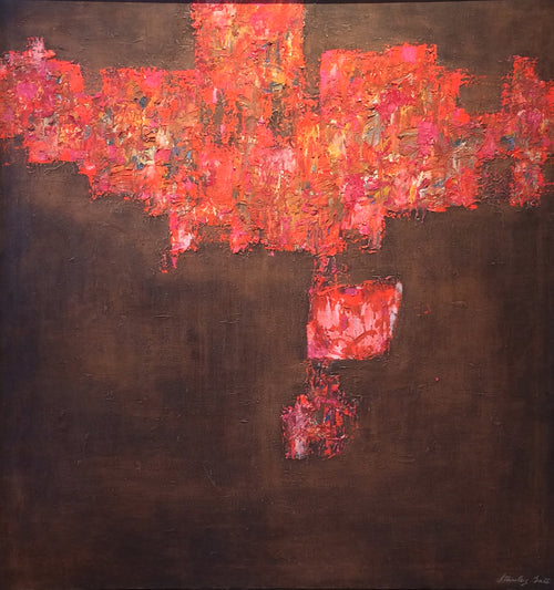 Abstract expressionist painting with brown background and vibrant red, textured foreground.