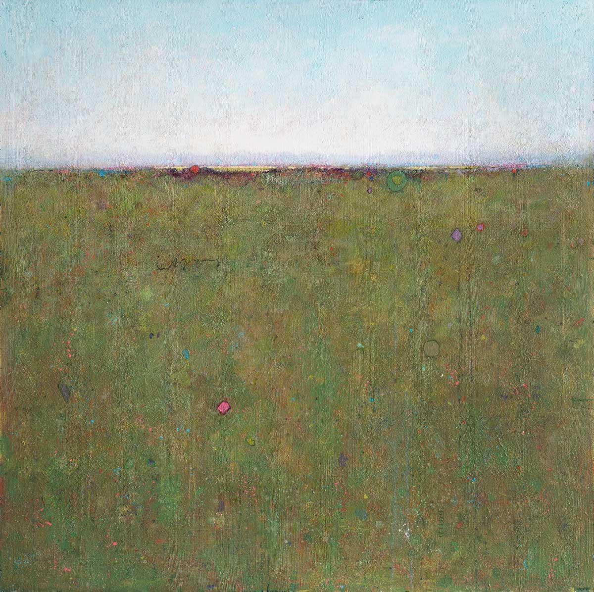 A light blue sky sits above a high horizon line with a green landscape with multicolored accents and shapes.