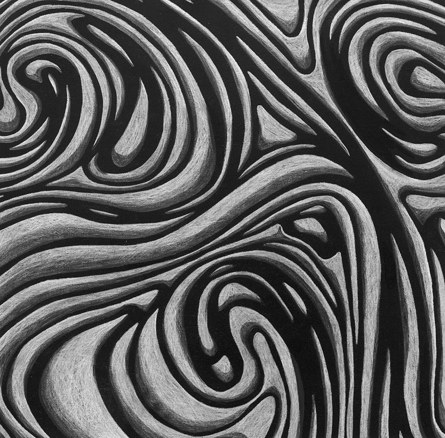 A black and grey abstract print by Roger Mudre.