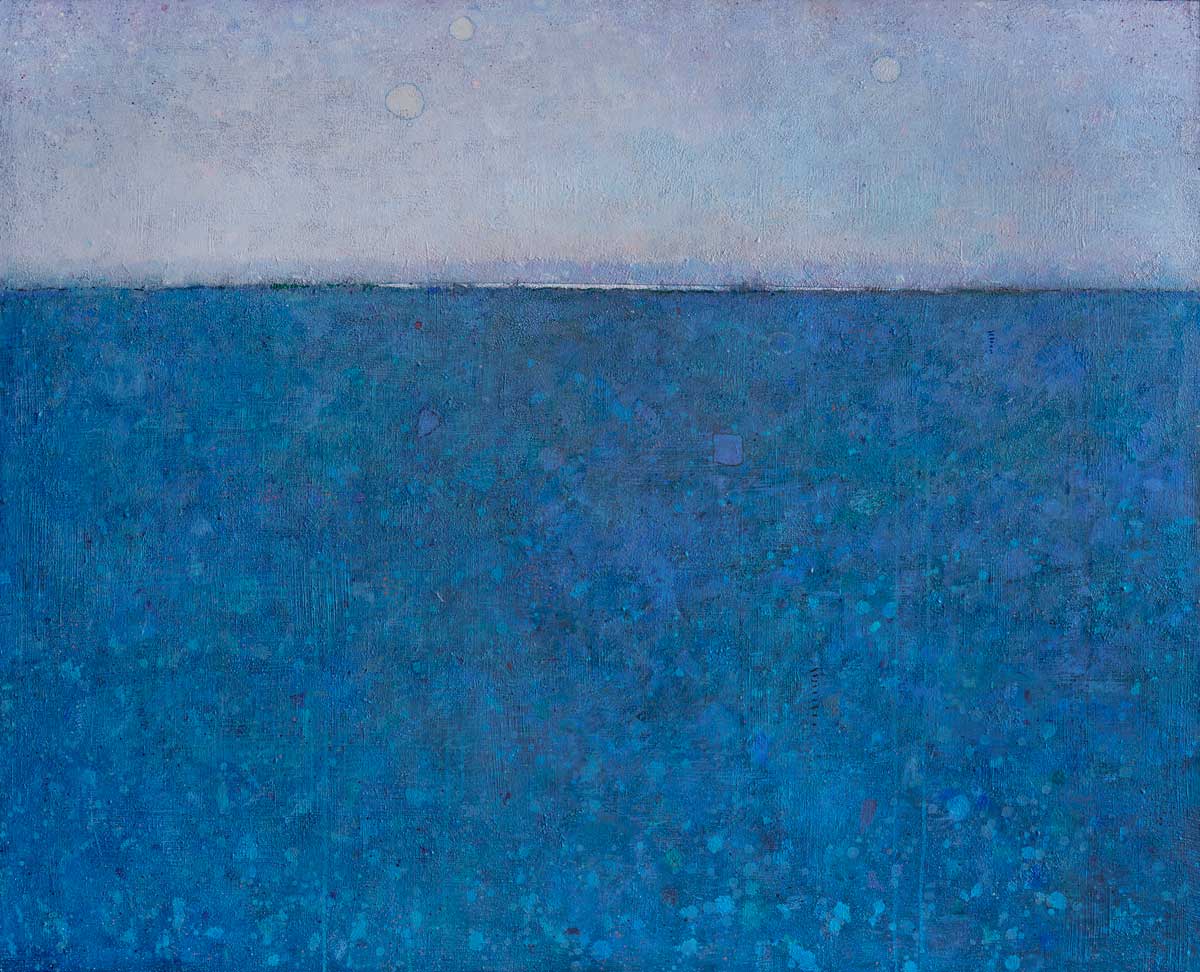 A lighter blue sky with three moons gives way to a high horizon line with a dark blue landscape.