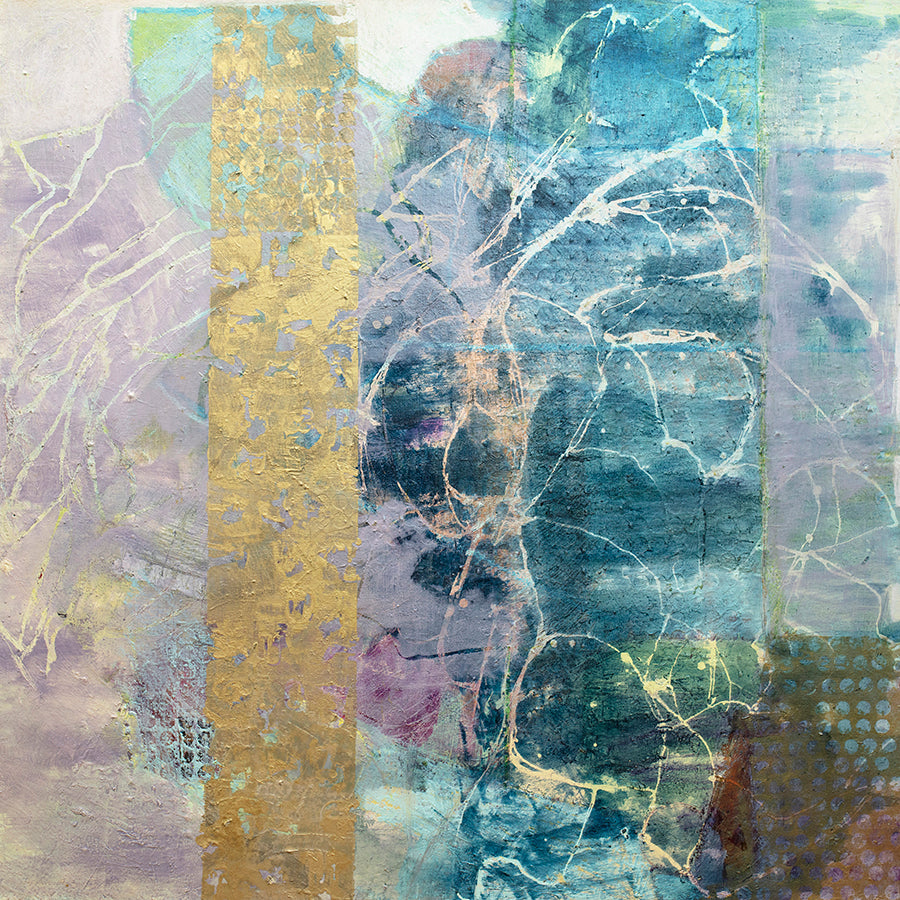 A blue, purple and gold abstract print by Christine Averill-Green with yellow and white accents.