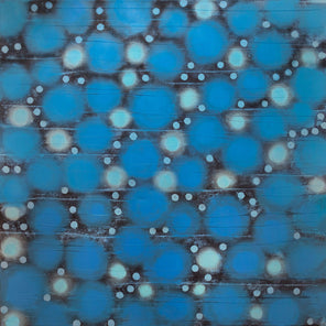 Wandering Stars painting. Bright blue and teal circles on top of a black background with textured horizontal lines that run throughout. 