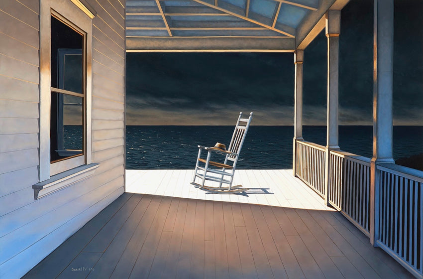 A painting of a rocking chair on a wrap around porch. The ocean is visible in the distance. The sky is dark but there is still some light left at the horizon. The rocking chair is sit at the corner of the porch in a stream of light coming from an unseen source.
