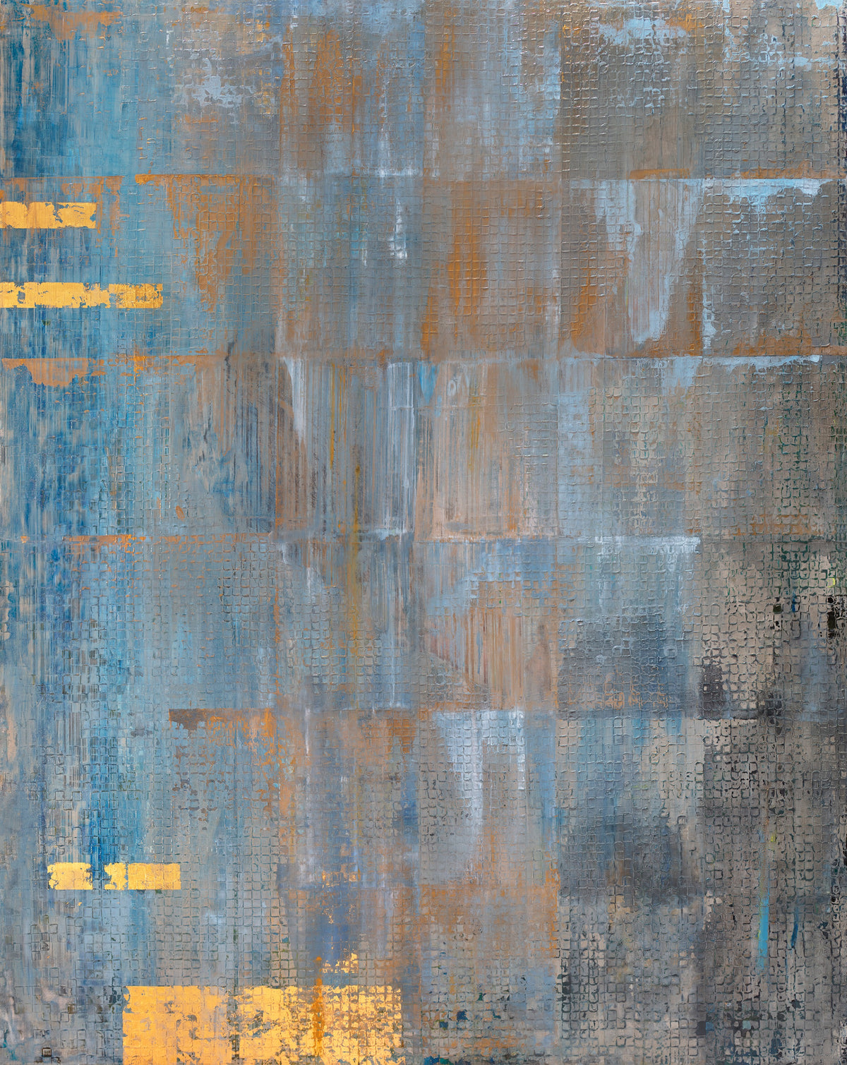 A blue, grey and gold abstract geometric print by Ned Martin.