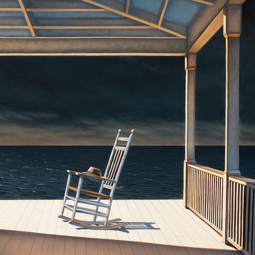 Detail shot of the rocking chair and the hat that is resting on it in "Eye of the Storm".