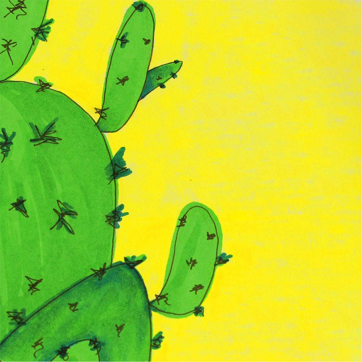A print of a lime green cactus in front of a vibrant yellow background by Hazal Ozturk.