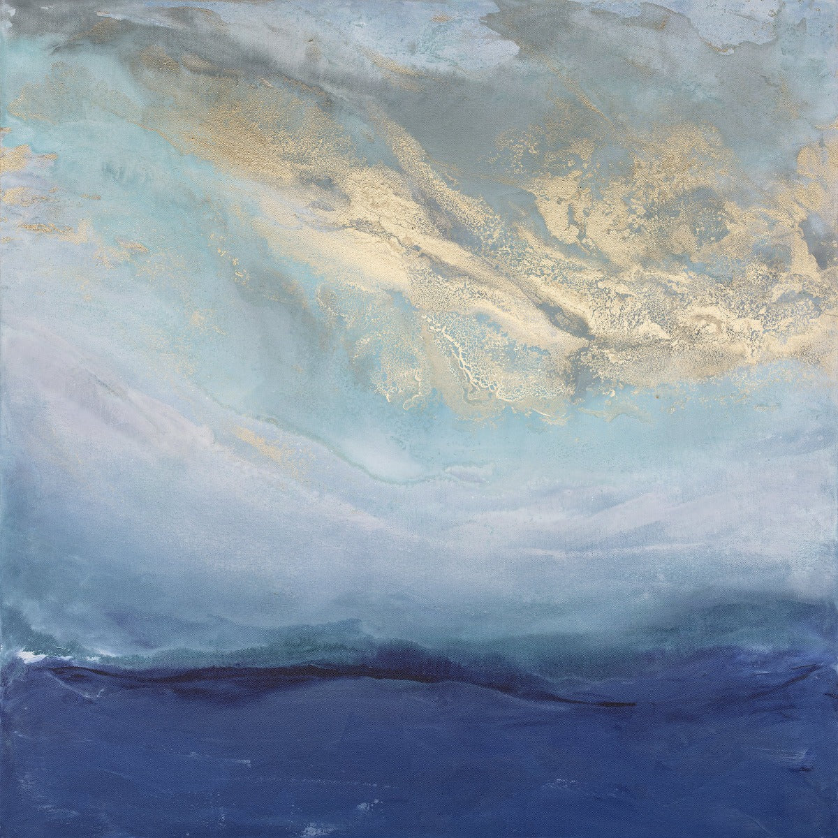 A blue, gold and teal abstract print by Julia Contacessi.
