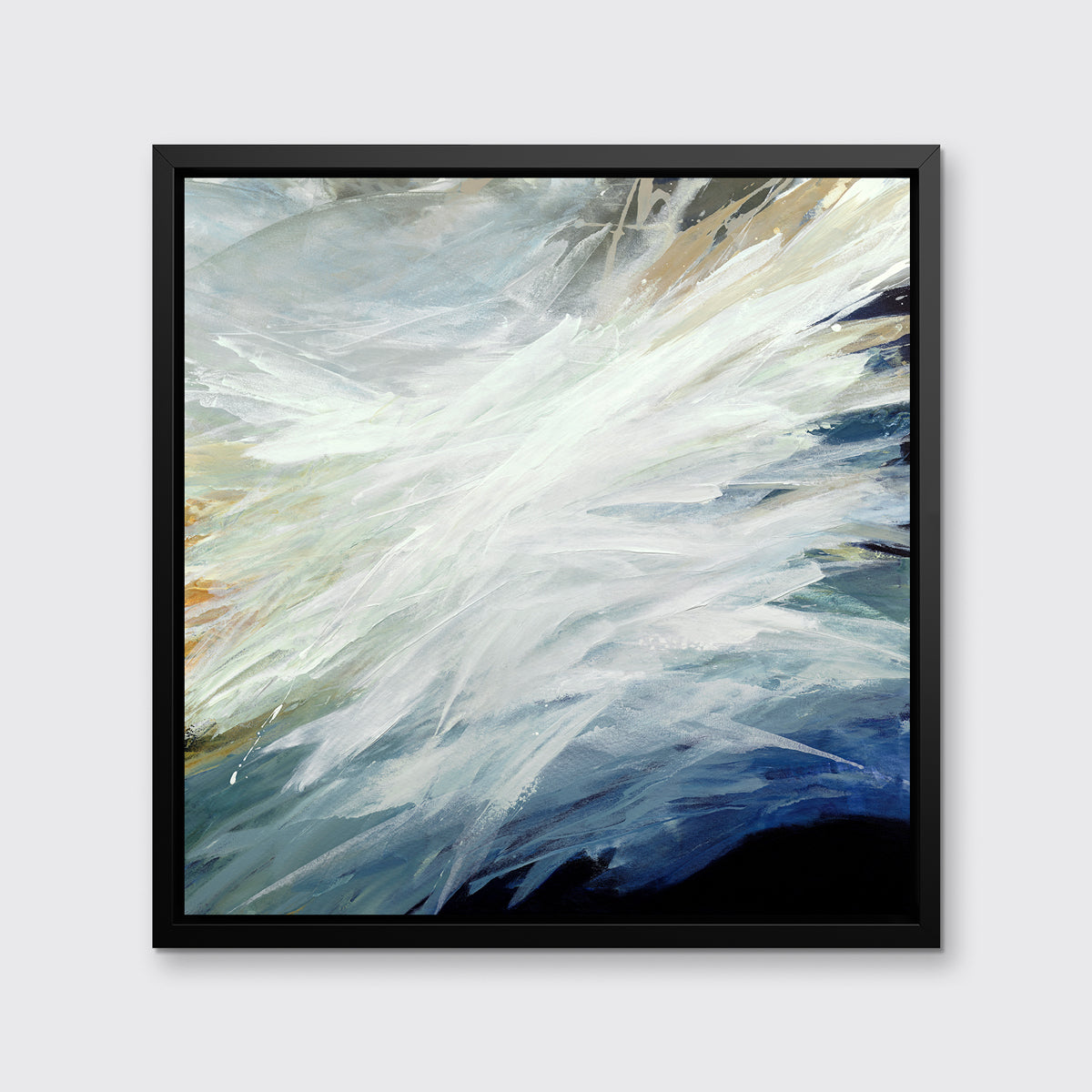 A blue, teal, beige and white abstract print in a black floater frame hangs on a white wall.
