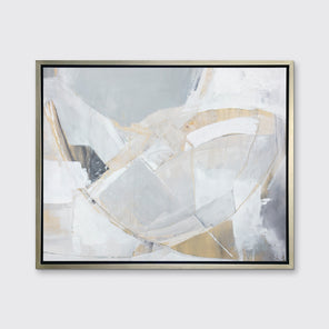 A light grey, beige and white abstract print in a silver floater frame hangs on a white wall.