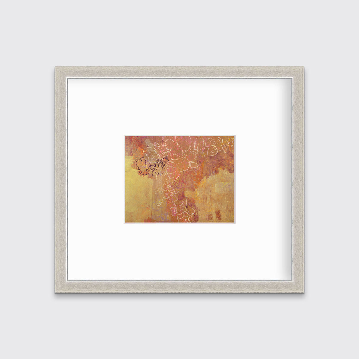 A gold, purple and white abstract print in a silver frame with a mat hangs on a white wall.
