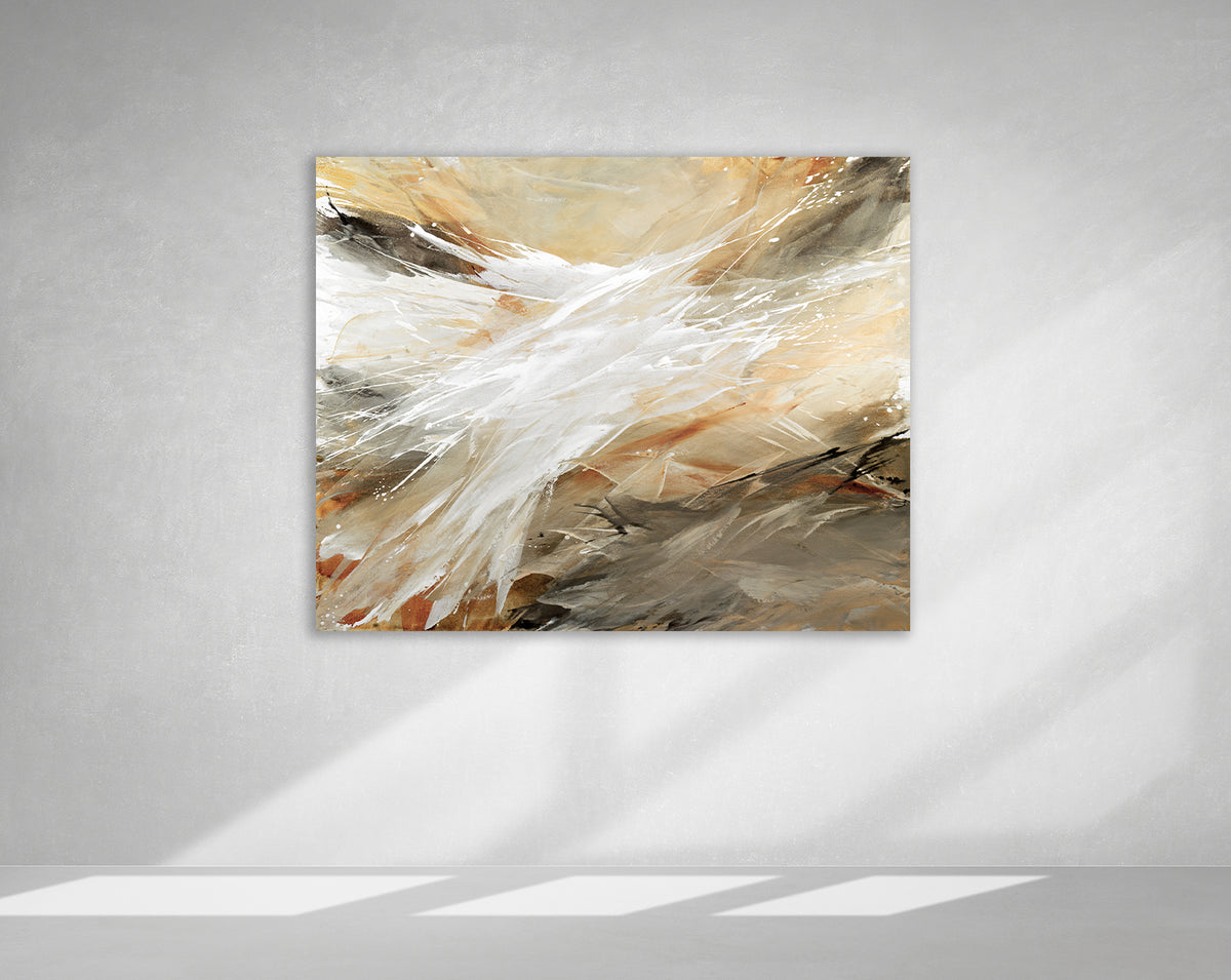 An orange, white, and brown abstract painting by Teodora Guererra hangs on a white wall.
