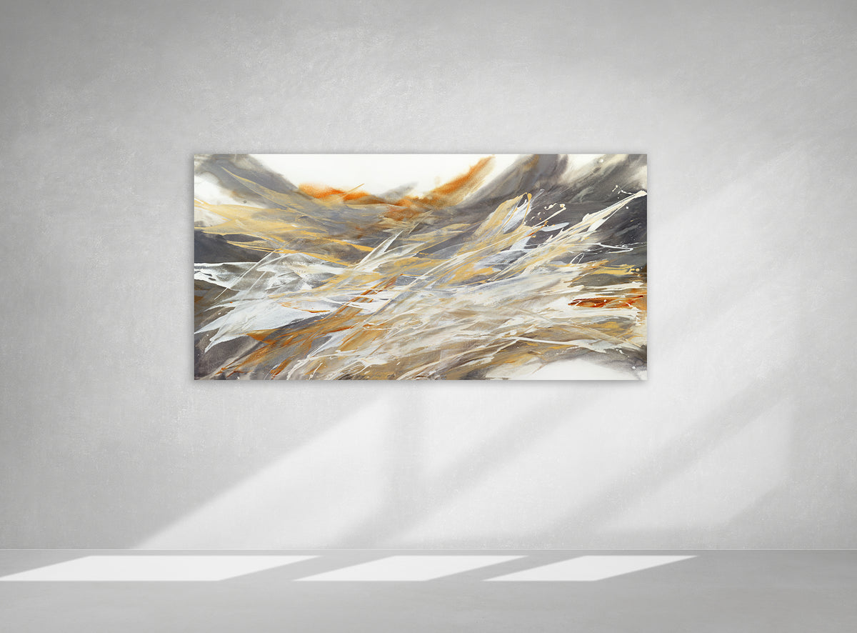 An orange, white, and black abstract painting by Teodora Guererra hangs on a white wall.