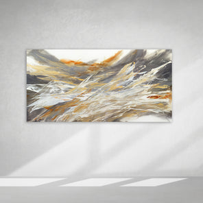 An orange, white, and black abstract painting by Teodora Guererra  hangs on a white wall.