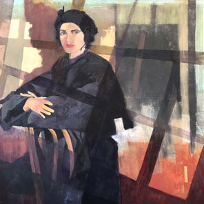A painting of a woman with short black hair, a black hat, and black coat sitting backwards in a chair, with abstract blocks of color behind her. 