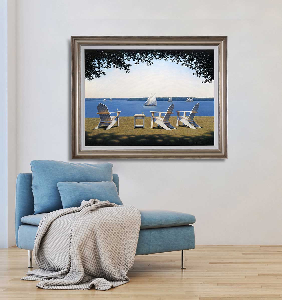 "Afternoon Seating" Staged on a white wall and hung behind a blue couch.