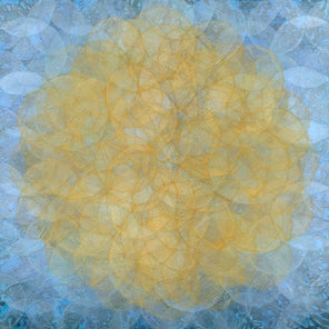 A blue, golden yellow and white abstract geometric painting by Roger Mudre.